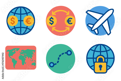 International Transfers flat icons: globe symbol, currency exchange, airplane icon, transfer lines, world map, secure connection.
