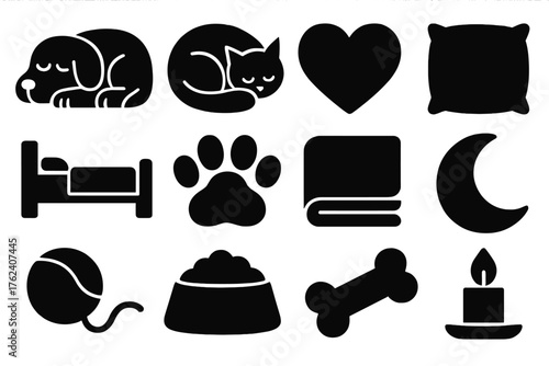 Peaceful Pets silhouette set: sleeping dog, cat curled up, heart icon, pillow, bed, paw print, blanket, moon, toy, food bowl, bone, candlelight.