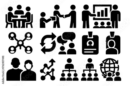 Networking Business silhouette set: people at meeting table, business card exchange, conference handshake, group presentation, collaboration chart, partnership arrows, networking