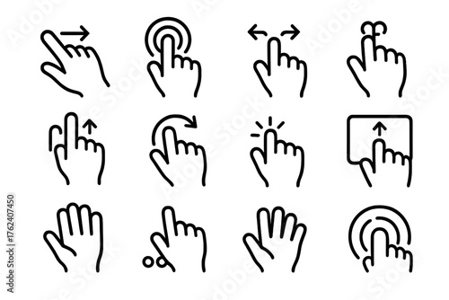 Gesture Controls outline icon set: hand swipe, tap icon, pinch zoom, double tap, drag arrow, rotate gesture, finger press, scroll motion, touchpad icon, hand wave, multi-touch,