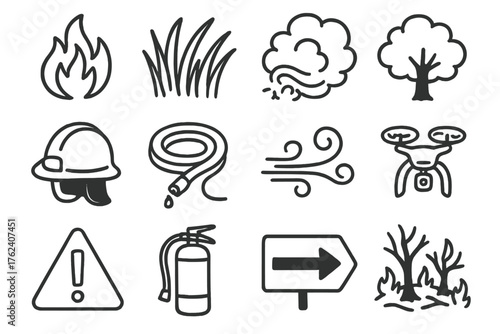 Wildfires set of icons in doodle hand-drawn vector style: flame, dry grass, smoke cloud, tree, firefighter helmet, water hose, wind symbol, drone, warning sign, fire extinguisher,