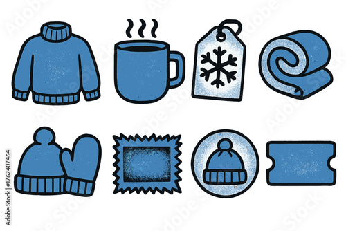 Winter Shopping Season silhouette set: cozy apparel ads, hot drink deals, snowflake price tags, blanket bundle offers, warm accessory icons, frost-textured banners, wool hat