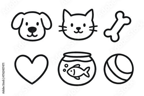Furry Friends set of icons in doodle hand-drawn vector style: dog, cat, bone, fish bowl, heart, toy ball.