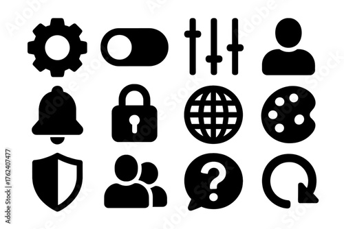 App Settings UI silhouette set: gear icon, toggle switch, slider control, user profile, notification bell, password lock, language globe, theme palette, privacy shield, account