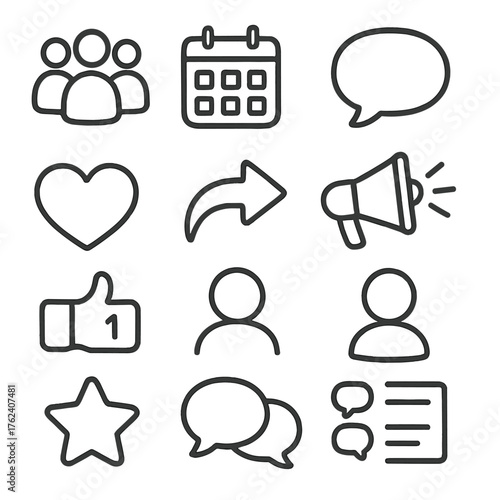 Community Updates set of icons in doodle hand-drawn vector style: group icon, event calendar, chat bubble, announcement megaphone, heart reaction, shared post, reply thread, user