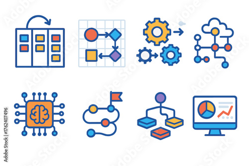 Digital Business Frameworks flat icons: agile workflow board, digital transformation map, automation process flow, data strategy framework, AI integration model, customer journey