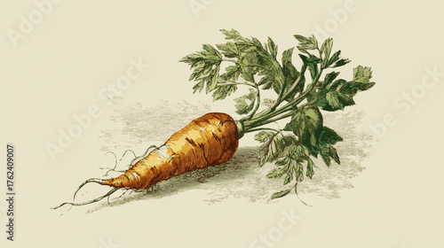 Elegant vintage carrot illustration with detailed leaves and fine botanical engraving on beige background for organic food and kitchen design.