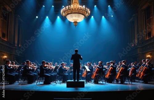 Full symphony orchestra on stage during concert. Musicians play instruments with conductor. Light shines on artist group during performance in concert hall. Back view of conductor controls