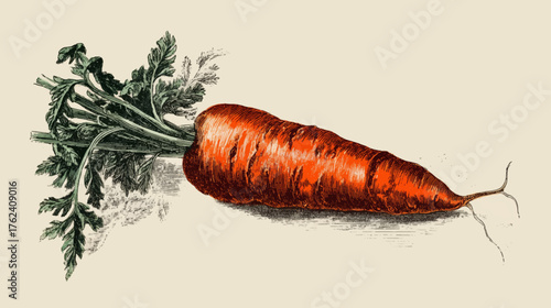 Elegant vintage carrot illustration with detailed leaves and fine botanical engraving on beige background for organic food and kitchen design.