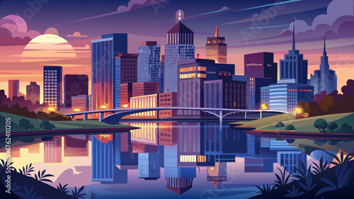 Very beautiful Little Rock, Arkansas skyline reflecting softly on the calm river at dusk. The city lights shimmer across the water, blending modern architecture with the serene twilight atmosphere.
