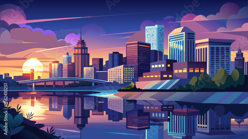 Very beautiful Little Rock, Arkansas skyline reflecting softly on the calm river at dusk. The city lights shimmer across the water, blending modern architecture with the serene twilight atmosphere.