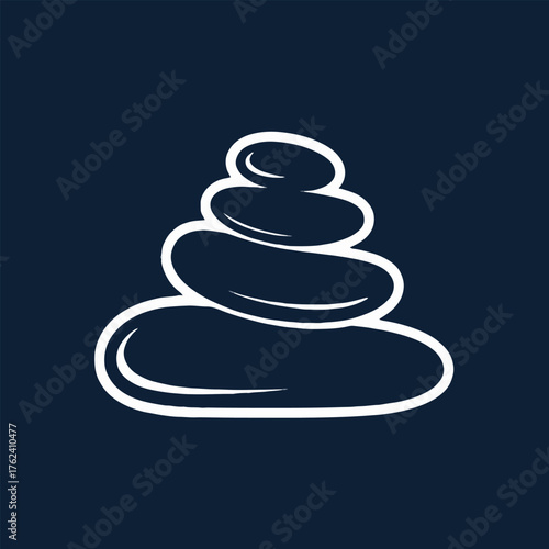 White outline of stacked stones on a dark blue background representing balance and zen like arrangement