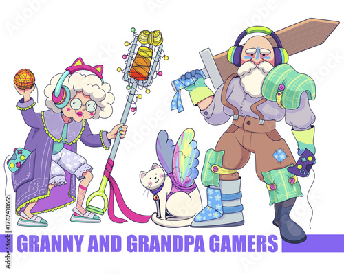 Funny granny and grandpa in costumes like video-game heroes. Vector illustration.