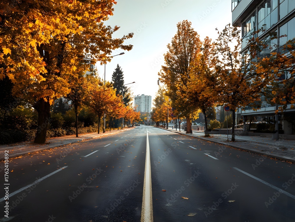 Obraz premium Autumn city street with no cars – empty road in fall