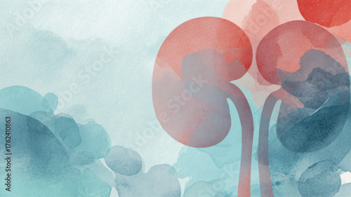 Watercolor kidneys illustration in blue and red hues, elegant medical vector design for nephrology awareness, healthcare presentations, and clinic branding backgrounds.