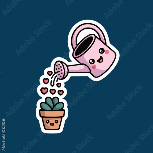 A cartoon pink watering can pouring hearts onto a potted plant with a smiling face on a blue background