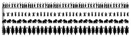 Seamless border silhouette collection with graduates Indian dancers elephants and Lakshmi goddess