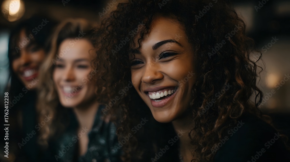 Fototapeta premium A diverse group of young women friends sharing a happy moment and laughing together in a warm indoor setting