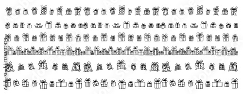 Hand drawn gift box seamless borders set Vector doodle collection of presents for Christmas or birthday design