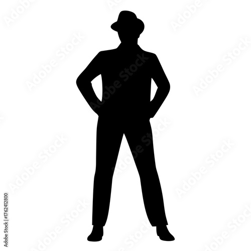 Vector art of silhouette of a man in a hat, exuding confidence and style, embodying the essence of a classic performer or entertainer