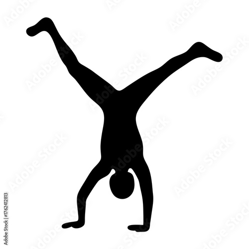 Vector art of silhouette of a person doing a handstand with one leg bent, , demonstrating flexibility, coordination, and athletic prowess