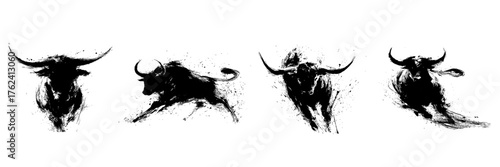 Chinese ox zodiac illustration with expressive black ink splatter brush painting representing strength and fortune