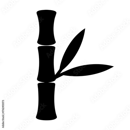 Vector art of a black and white illustration of a bamboo stalk with two leaves, showcasing simplicity and natures elegance in design