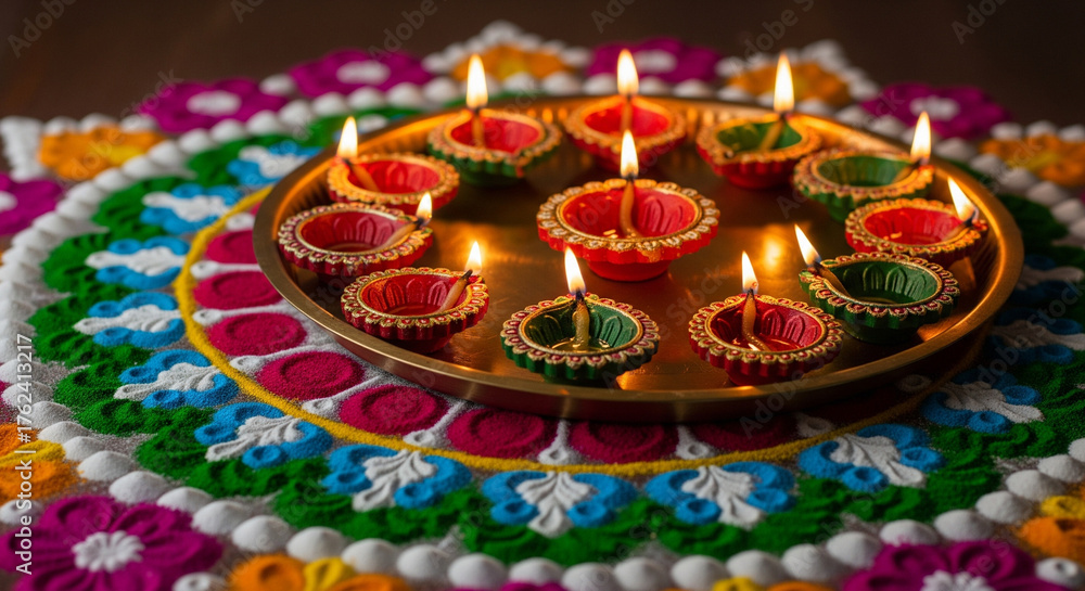 Fototapeta premium Colorful decorative lamps lit on traditional rangoli design for Diwali 