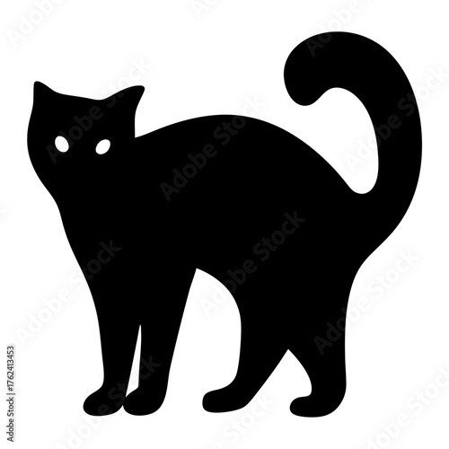 Illustration of a black cat with arched back and tail, a classic symbol of halloween and superstition, spooky and mysterious