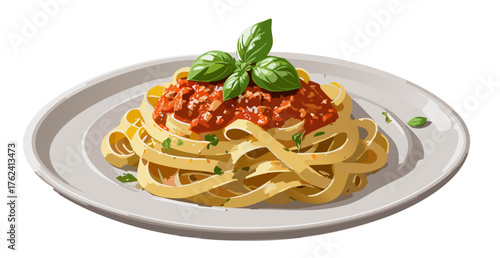 Tagliatelle bolognese on a ceramic plate.