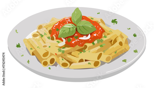 Crisp penne all’arrabbiata on a gray ceramic plate, top view.