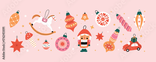 Christmas banner with vintage ornaments and toys. Nutcracker, rocking horse, car with gift, baubles and stars on pink background. Flat festive vector illustration for holiday design and greeting.