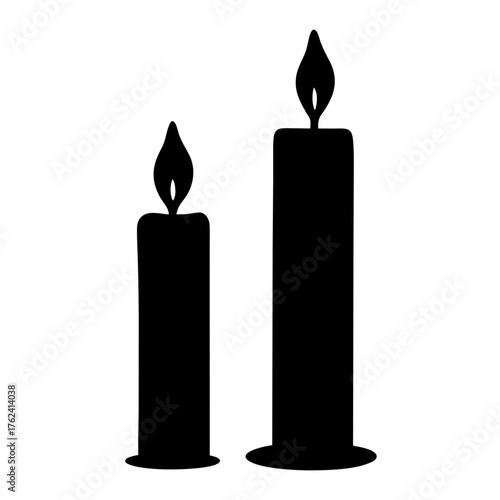 Vector art of two black candles, one shorter and one taller, both with flames, creating a simple yet elegant silhouette illustration