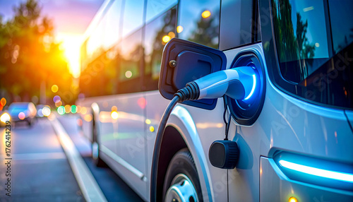 Electric Bus Charging: A modern electric bus, connected to a charging station, signifies the dawn of sustainable transport.