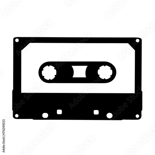 Vector art of a black and white illustration of a cassette tape, representing a classic medium for music and audio recording technology