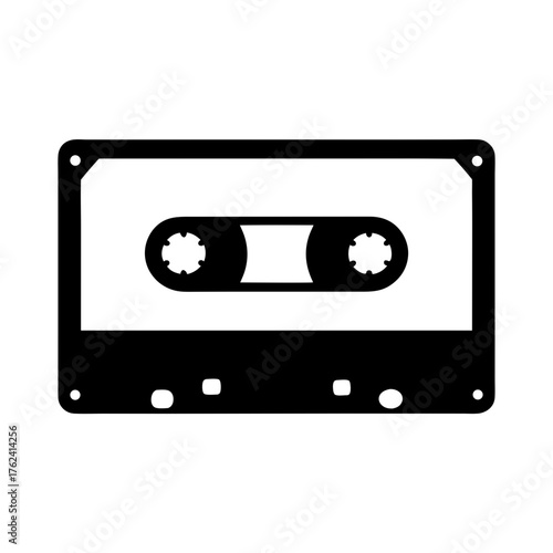 Vector art of a black and white illustration of a cassette tape, symbolizing a classic era of music and audio recording technology