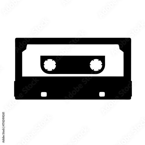 Vector art of a black and white illustration of a cassette tape, showcasing a classic symbol of music and audio recording technology