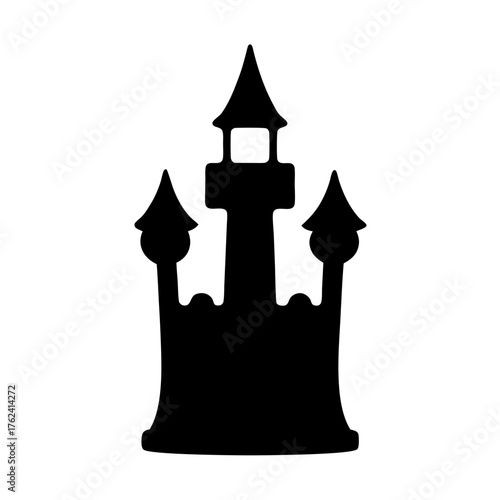 Vector art of silhouette of a whimsical castle, featuring pointed turrets and a central tower, evoking a sense of fairytale and enchantment