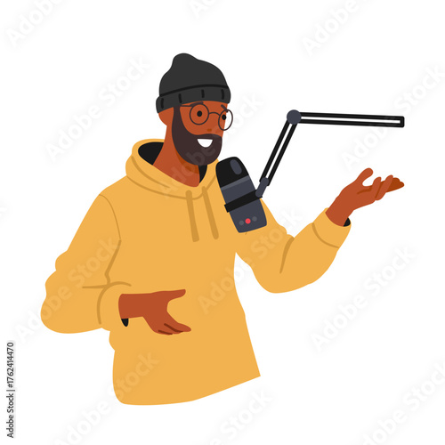 Hipster man cartoon character speaking into studio microphone recording live audio podcast