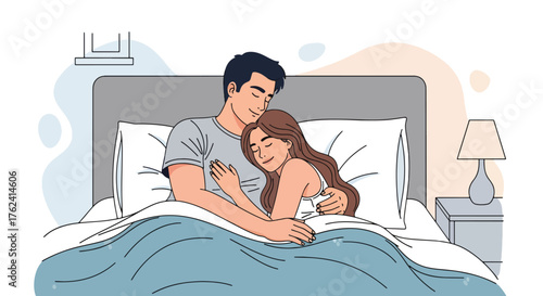 Flat style illustration of a couple peacefully sleeping together in bed, representing love, comfort, relaxation, and emotional connection in a cozy home bedroom environment