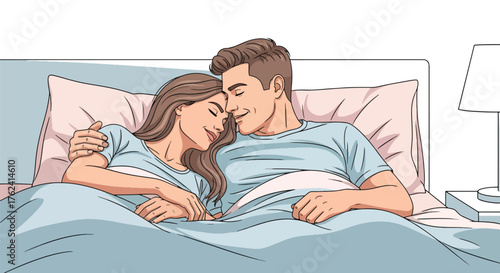 Flat style illustration of a couple peacefully sleeping together in bed, representing love, comfort, relaxation, and emotional connection in a cozy home bedroom environment
