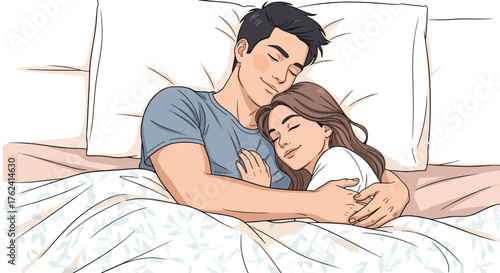 Flat style illustration of a couple peacefully sleeping together in bed, representing love, comfort, relaxation, and emotional connection in a cozy home bedroom environment