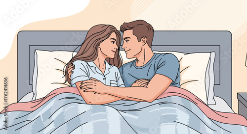 Flat style illustration of a couple peacefully sleeping together in bed, representing love, comfort, relaxation, and emotional connection in a cozy home bedroom environment