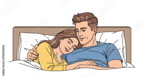 Flat style illustration of a couple peacefully sleeping together in bed, representing love, comfort, relaxation, and emotional connection in a cozy home bedroom environment