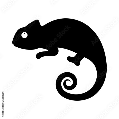 Vector art of a black silhouette of a chameleon with a curled tail, presenting its unique reptilian form and distinctive physical attributes