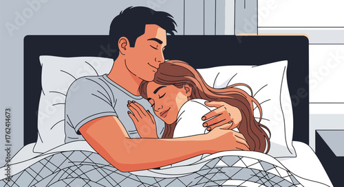 Flat style illustration of a couple peacefully sleeping together in bed, representing love, comfort, relaxation, and emotional connection in a cozy home bedroom environment