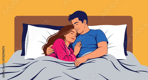Flat style illustration of a couple peacefully sleeping together in bed, representing love, comfort, relaxation, and emotional connection in a cozy home bedroom environment