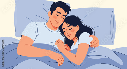 Flat style illustration of a couple peacefully sleeping together in bed, representing love, comfort, relaxation, and emotional connection in a cozy home bedroom environment