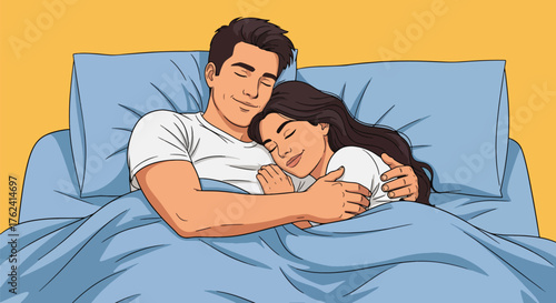Flat style illustration of a couple peacefully sleeping together in bed, representing love, comfort, relaxation, and emotional connection in a cozy home bedroom environment