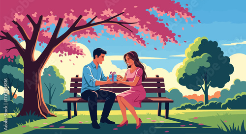A sweet flat vector of couple sitting on park bench under pink blossoms exchanging gifts, peaceful outdoor love scene